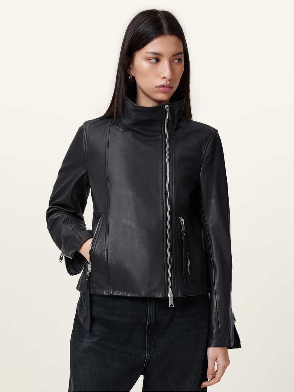 AllSaints Black Leather Funnel-Neck Zip Jacket - Ellis Jacket